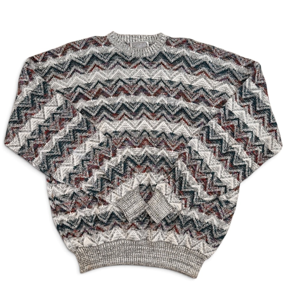 Vintage Method Knit Crewneck Sweater Zig Zag Multi Color Geometric 90s Mens 2XL